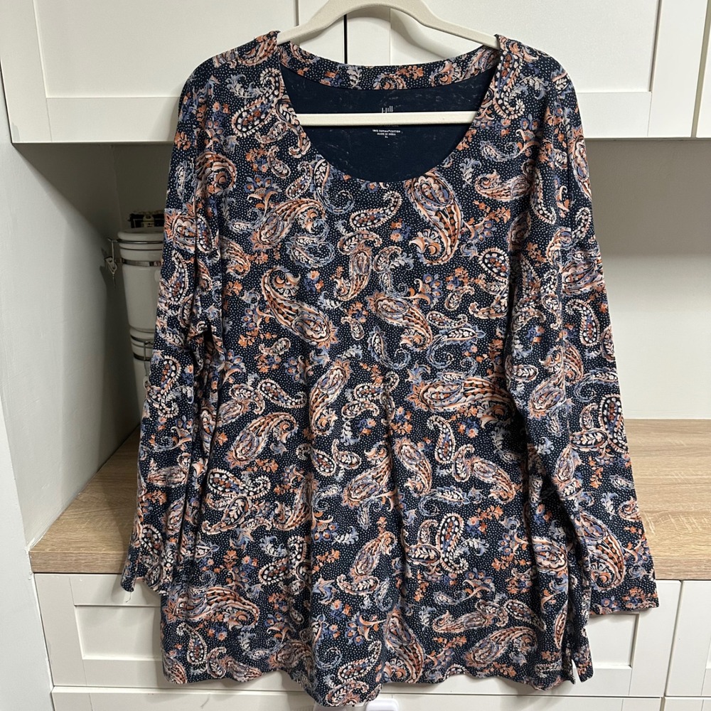 J. Jill Tunic Top Womens XL Navy Paisley Supima Cotton Scoop Neck Long Sleeve